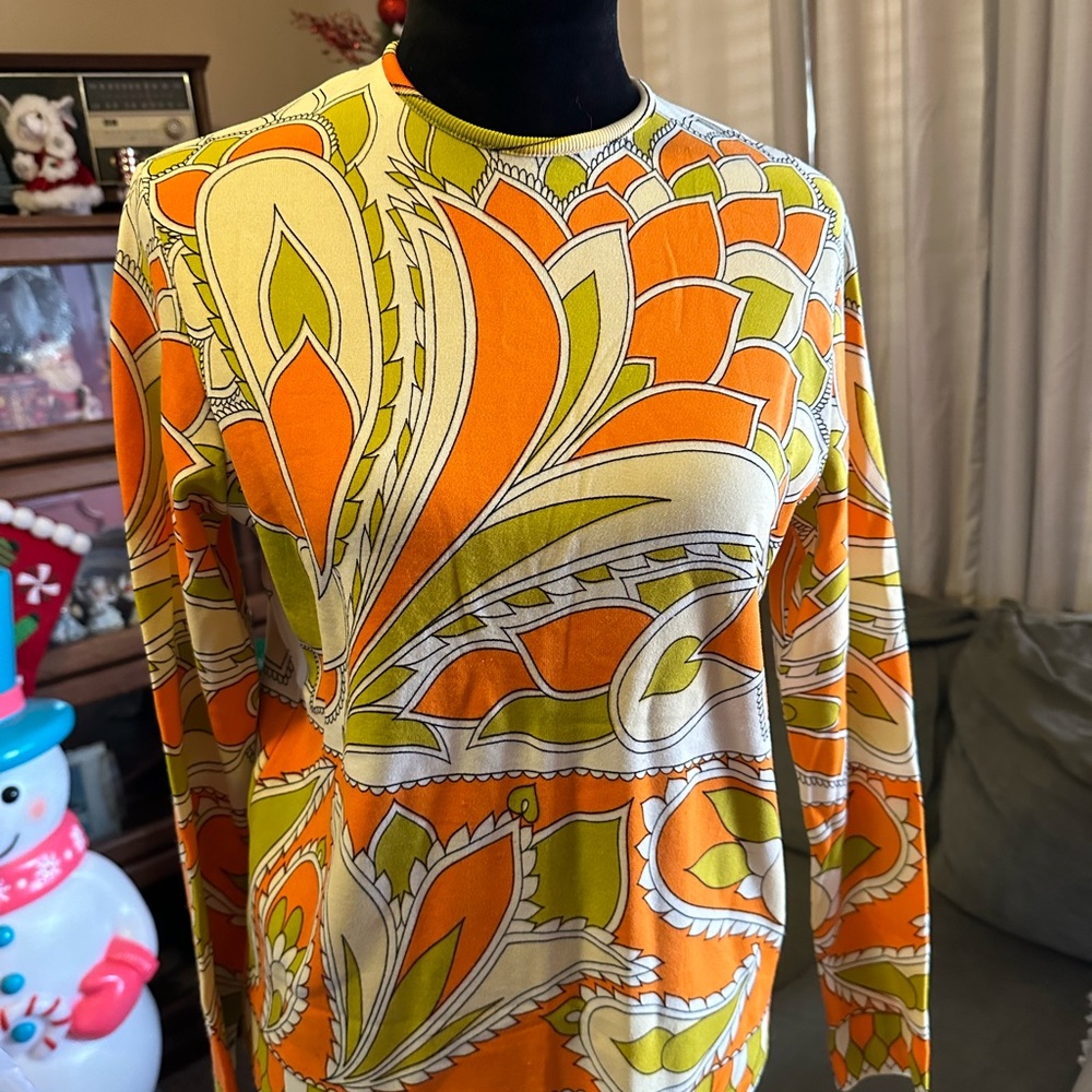 Vintage Sixties blouse orange lime ecru and white 38” bust